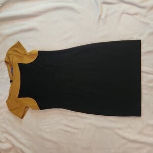 Vivienne Tam mustard and black block print   round neck cap sleeve dress